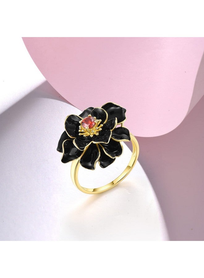 Santuzza Lotus Ring 925 Sterling Silver Garnet Handmade Enamel Black Flower Ring For Women (10) - Image 3