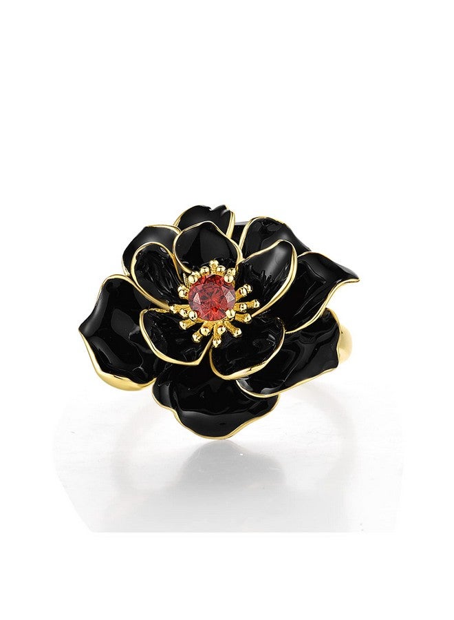 Santuzza Lotus Ring 925 Sterling Silver Garnet Handmade Enamel Black Flower Ring For Women (10) - Image 2