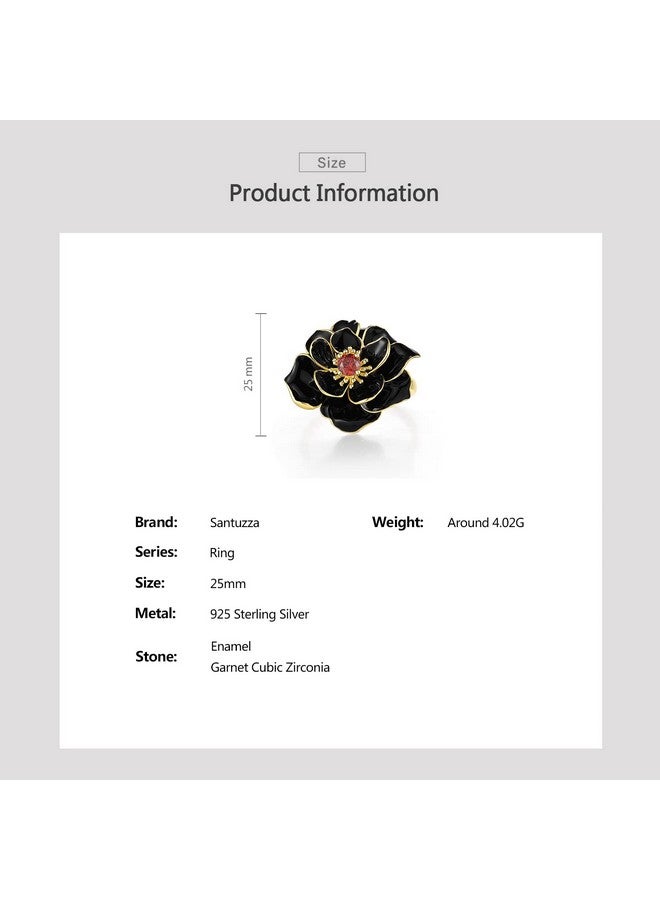 Santuzza Lotus Ring 925 Sterling Silver Garnet Handmade Enamel Black Flower Ring For Women (10) - Image 4