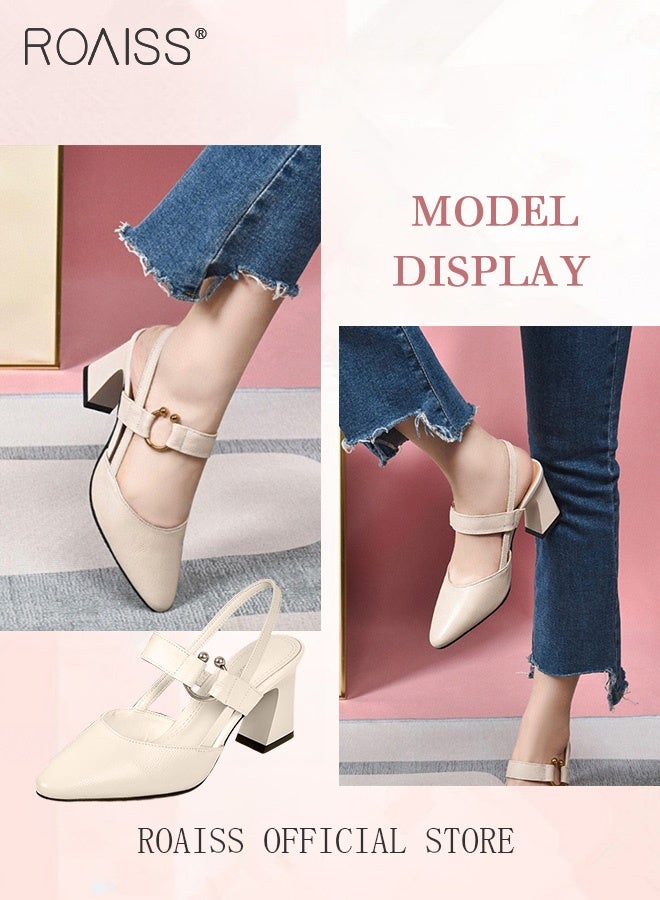 roaiss Fashion Women's Beige Pointed High Heels Ladies Office Sandals Shoes Summer Pointy 5.5cm Chunky Shoes Large Size Slingback - Image 2