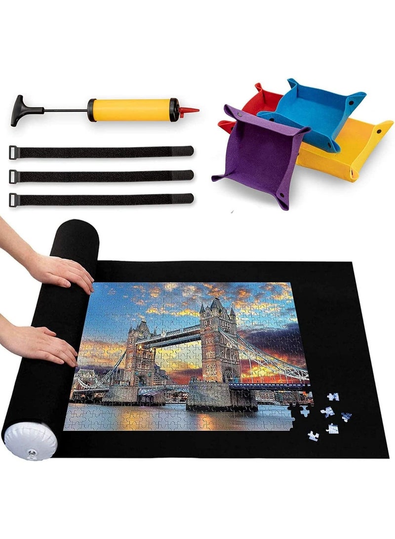 Jigsaw Puzzle Storage Roll Mat of 1500 Pieces with 4 Sorting Trays, Store Puzzle for Next Play, Jigsaw Puzzle Roll Mat Board Felt Mat Inflatable Tube, Inflator (Black, 1500 Pieces) - Image 1
