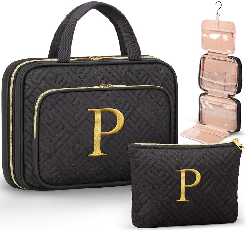 Qinline Personalized Gifts for Women Initial Toiletry Bag Hanging Travel Organizer Makeup Cosmetic Bag with Embroidery Letter Teacher Appreciation Gift Birthday Mothers Day Gifts for Mom Wife Friend Sister - Image 2