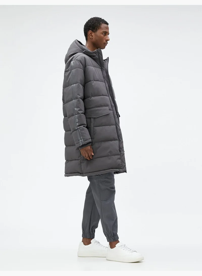 كوتون Long Anorak Coat Hooded Pocket Detailed Printed