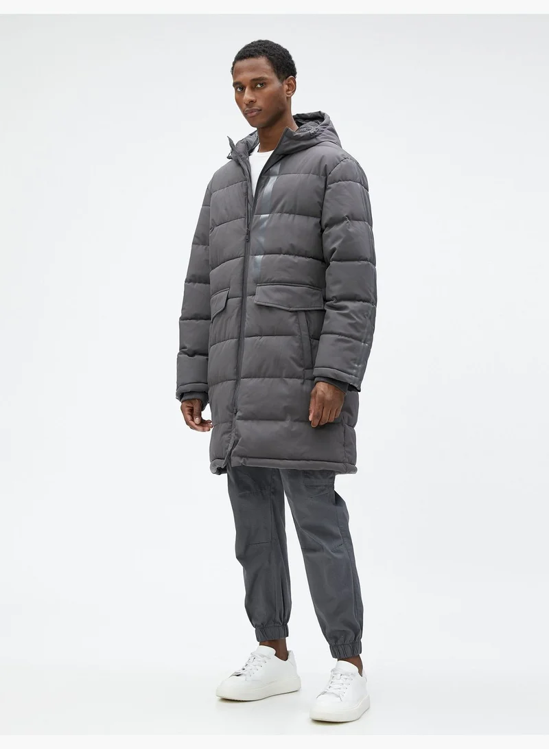 كوتون Long Anorak Coat Hooded Pocket Detailed Printed