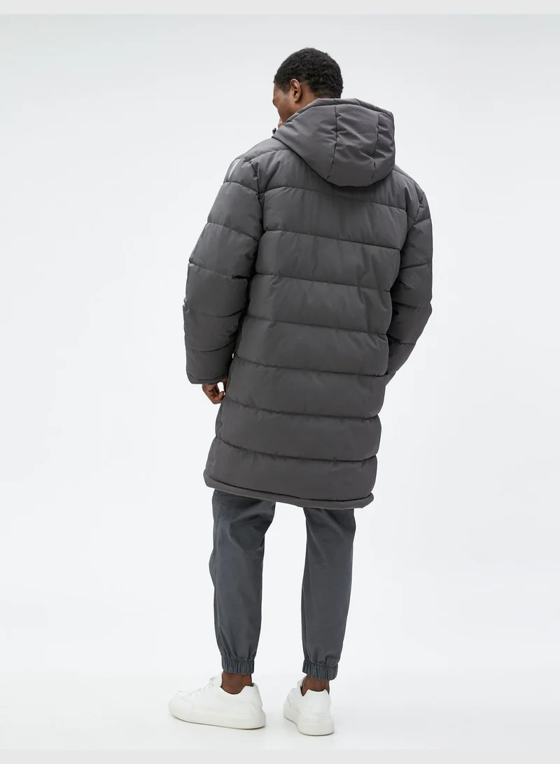 كوتون Long Anorak Coat Hooded Pocket Detailed Printed