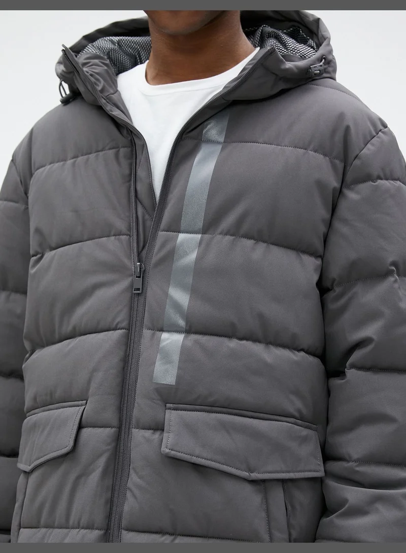 كوتون Long Anorak Coat Hooded Pocket Detailed Printed