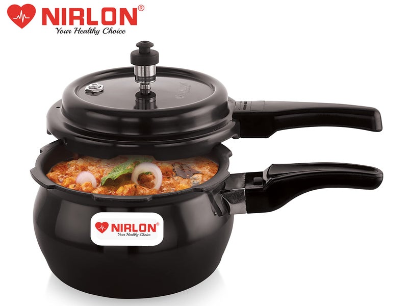 NIRLON Induction Base Hard Anodized Aluminium Outer Lid Handi Pressure Cooker, Glossy finish, Black, 3 Litres - Image 5