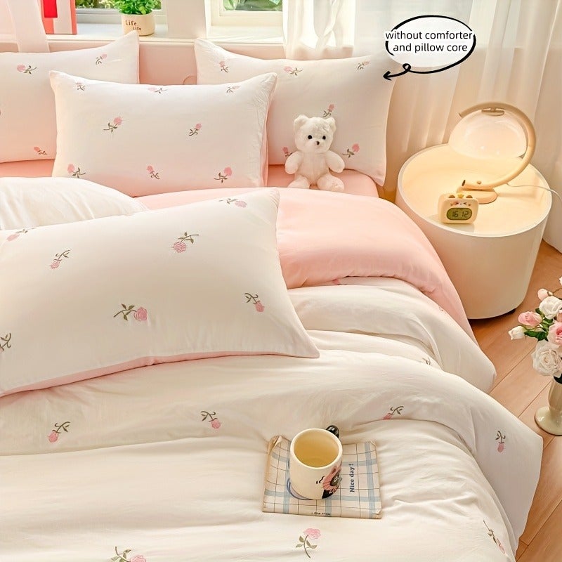 3pcs Embroidered Rose Floral Bedding, Includes 1 Duvet Cover and 2 Pillowcases, No Filling, Zippered Duvet Cover, Easy Care, Soft and Comfortable Fabric, Suitable for All Seasons - Image 3