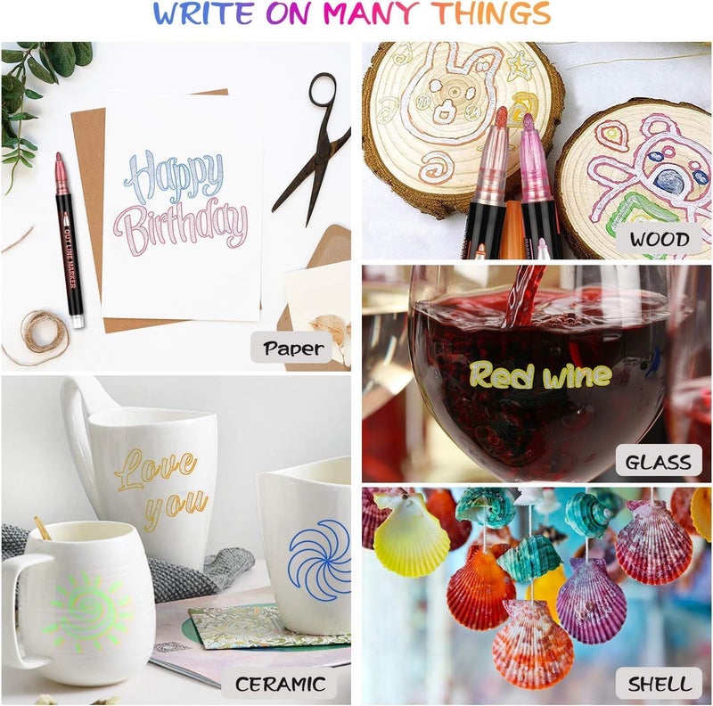 Vichip 12 Pc Metallic Double Line Outline Markers Glitter Pen Set for Rock Painting Glass Mug Wood Fabric Canvas DIY Craft with Fine Medium Tip - Image 5