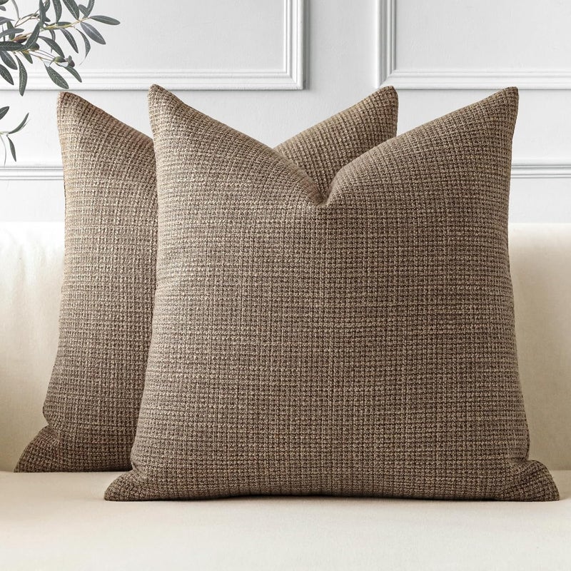 OTOSTAR Pack of 2 Throw Pillow Covers 18x18 Inch Linen Coffee Brown Pillowcases Farmhouse Decorative Solid Pillow Covers 45x45 cm Square Cushion Case for Home Decor Sofa Couch Bed (Coffee Brown) - Image 1