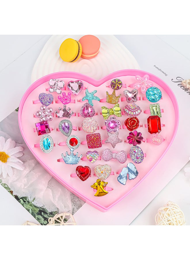 Children's Ring Girl's Diamond Gem Toy Girl's Baby Crystal Ring Princess Pearl Jewelry Jewelry Box-Color:36 Gem Rings In Box (type B)  - Image 1