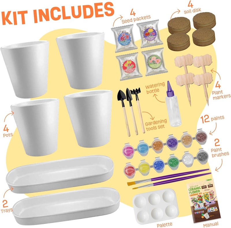 ONE TO FOUR 4 Set Paint & Plant Ceramic Flower Gardening Kit - Arts and Crafts for Kids Ages 4-12 - Image 3