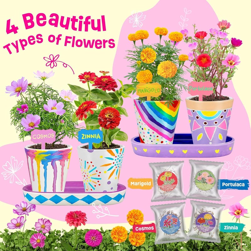 ONE TO FOUR 4 Set Paint & Plant Ceramic Flower Gardening Kit - Arts and Crafts for Kids Ages 4-12 - Image 2