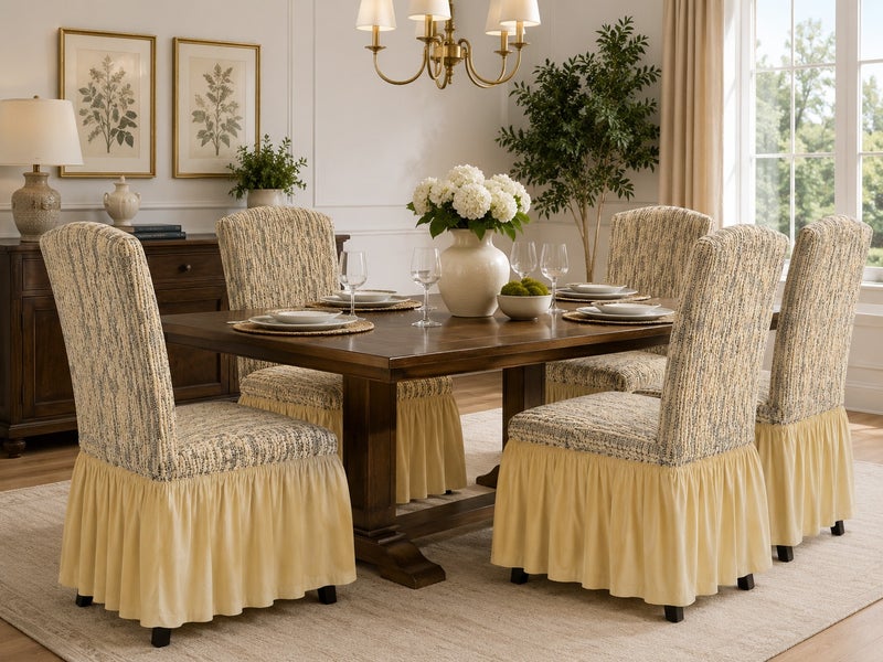 Fabienne 6-Piece Woven Jacquard Stretch Fit Dining Chair Covers Set Beige - Image 1
