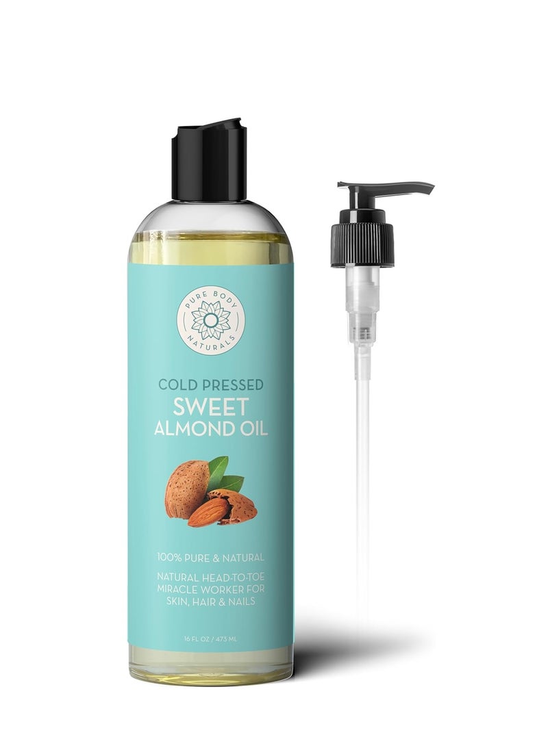 PURE BODY NATURALS Pure Body Naturals Sweet Almond Oil for Hair and Skin, 100% Pure and Cold Pressed, Hexane Free, Skin Moisturizer, Nails, Therapeutic Massage, Carrier Oil 16 Fl. Ounce (Label Varies)  - Image 1