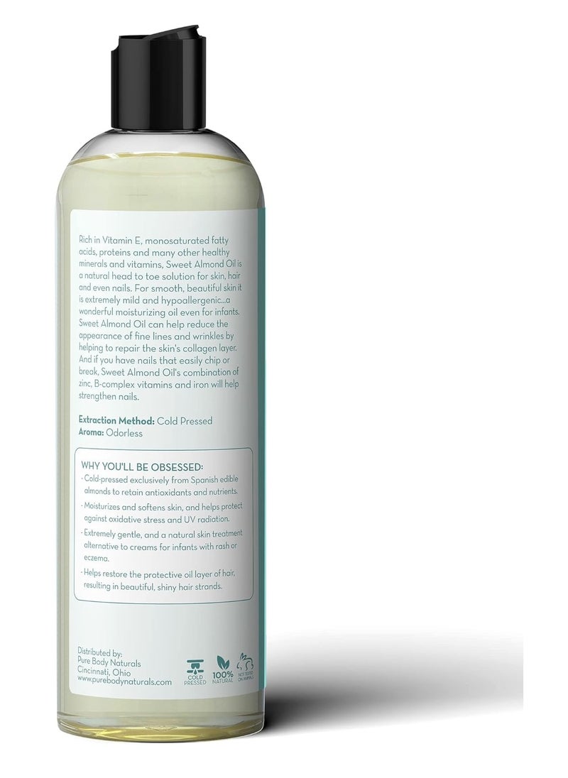 PURE BODY NATURALS Pure Body Naturals Sweet Almond Oil for Hair and Skin, 100% Pure and Cold Pressed, Hexane Free, Skin Moisturizer, Nails, Therapeutic Massage, Carrier Oil 16 Fl. Ounce (Label Varies)  - Image 2