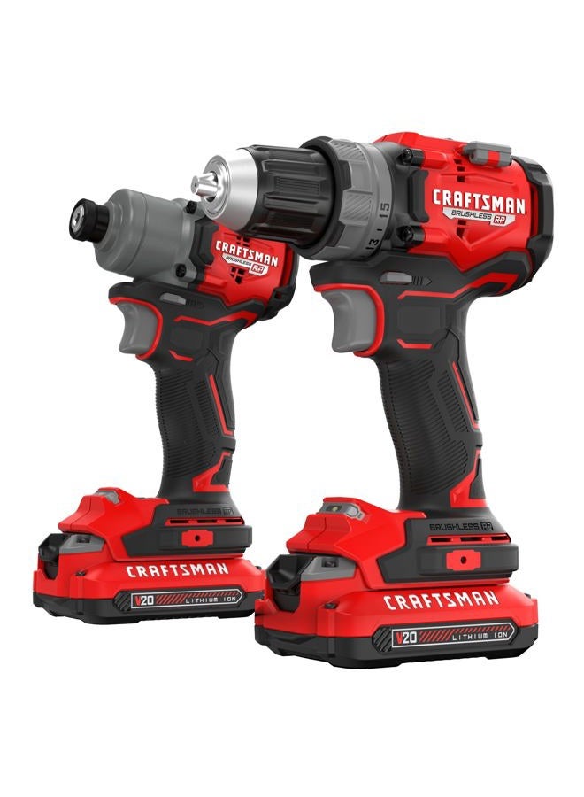 CRAFTSMAN V20 Brushless RP 1/2 inch Drill/Driver with 2 speed gear box, 1/4 inch Impact Driver, 2 Batteries and Charger Included (CMCK2530C2)