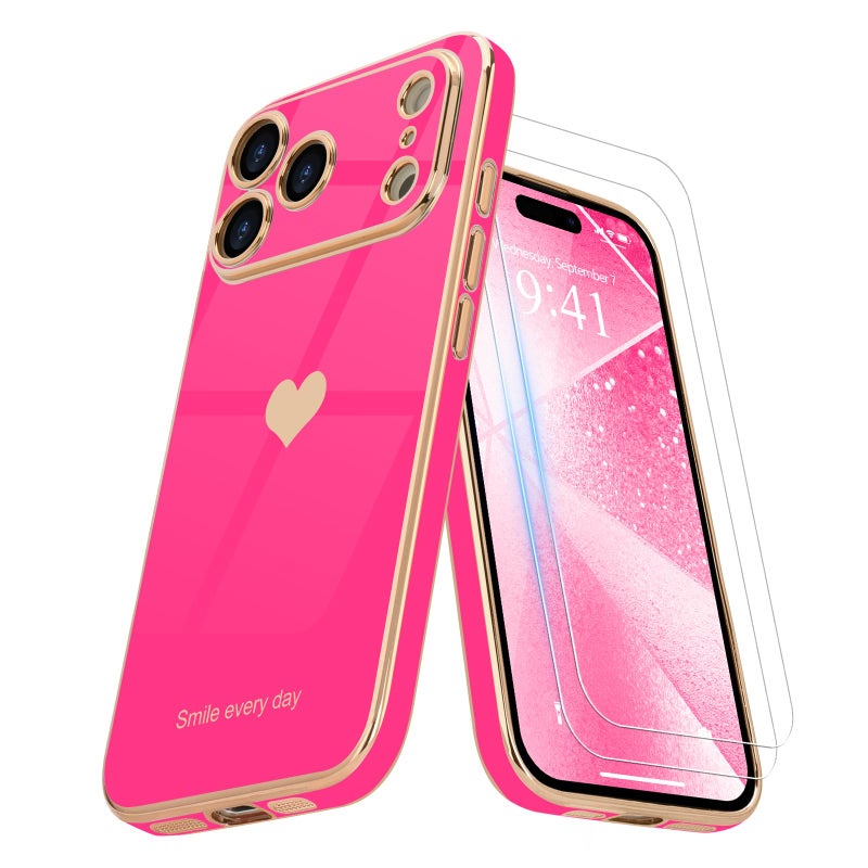 Teageo for iPhone 17 Pro Max Case with Screen Protector [2 Pack] Girl Women Cute Girly Love-Heart Luxury Gold Soft Cover Camera Protection Shockproof Phone Case for iPhone 17 Pro Max, Hot Pink - Image 1