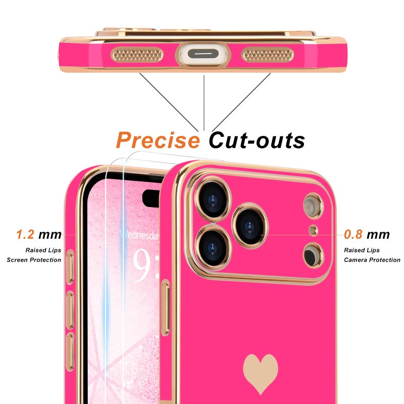 Teageo for iPhone 17 Pro Max Case with Screen Protector [2 Pack] Girl Women Cute Girly Love-Heart Luxury Gold Soft Cover Camera Protection Shockproof Phone Case for iPhone 17 Pro Max, Hot Pink - Image 2