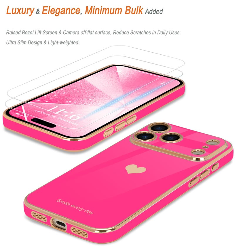 Teageo for iPhone 17 Pro Max Case with Screen Protector [2 Pack] Girl Women Cute Girly Love-Heart Luxury Gold Soft Cover Camera Protection Shockproof Phone Case for iPhone 17 Pro Max, Hot Pink - Image 3