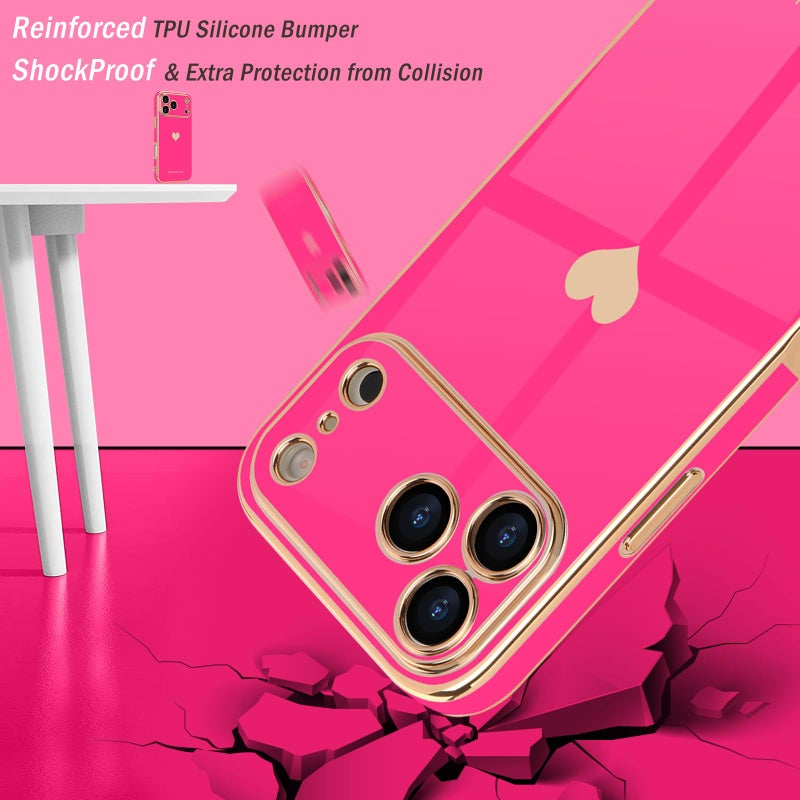 Teageo for iPhone 17 Pro Max Case with Screen Protector [2 Pack] Girl Women Cute Girly Love-Heart Luxury Gold Soft Cover Camera Protection Shockproof Phone Case for iPhone 17 Pro Max, Hot Pink - Image 4