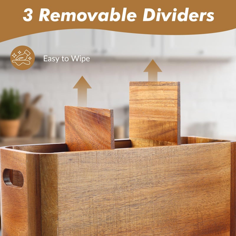 Rodelna Kitchen Utensil Holder for Counter or Countertop, Extra Large Acacia Wood Organizer with 3 Compartments, Wooden Storage for Cooking and Silverware, Rustic Minimalist Decor, Sturdy Utensil Crock - Image 3