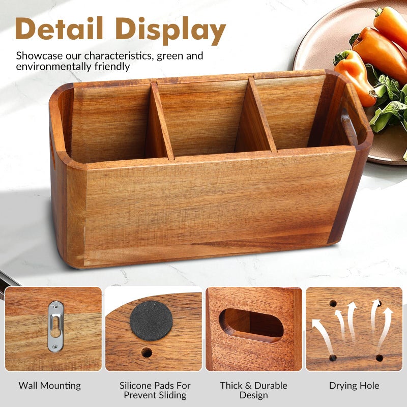 Rodelna Kitchen Utensil Holder for Counter or Countertop, Extra Large Acacia Wood Organizer with 3 Compartments, Wooden Storage for Cooking and Silverware, Rustic Minimalist Decor, Sturdy Utensil Crock - Image 5