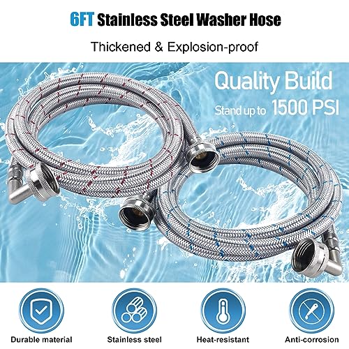 Fetechmate 6FT Premium Stainless Steel Washer Hoses with 90 Degree Elbow No-lead Burst-Proof 3/4" NPT Connection Hot & Cold Water Inlet Supply Lines for Washer - 2 Pack by Fetechmate - Image 2