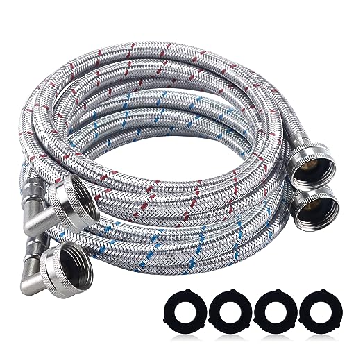 Fetechmate 6FT Premium Stainless Steel Washer Hoses with 90 Degree Elbow No-lead Burst-Proof 3/4" NPT Connection Hot & Cold Water Inlet Supply Lines for Washer - 2 Pack by Fetechmate - Image 1