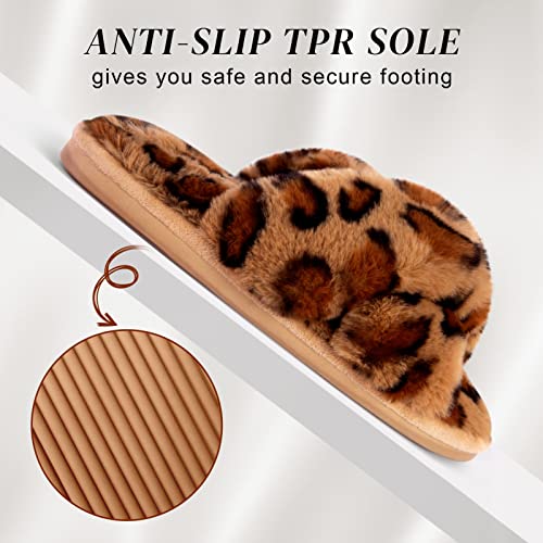 Parlovable Women's Fuzzy Slippers Comfy Cross Band House Shoes Memory Foam Open Toe Indoor Gifts for Ladies Leopard 7-8 - Image 4