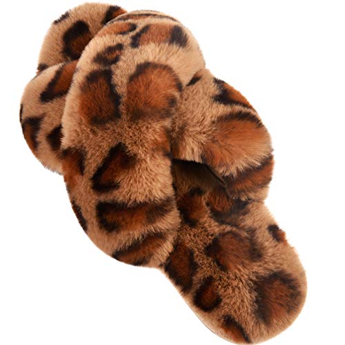 Parlovable Women's Fuzzy Slippers Comfy Cross Band House Shoes Memory Foam Open Toe Indoor Gifts for Ladies Leopard 7-8 - Image 1