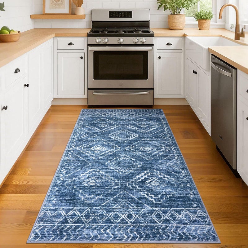 KILOCOCO Boho Entryway Rug 3x5 Area Rug Washable Non Slip Printed Throw Rugs Soft for Kitchen Living Room Dining Bedroom Geometric Moroccan Carpet, Stonewashed Blue - Image 2