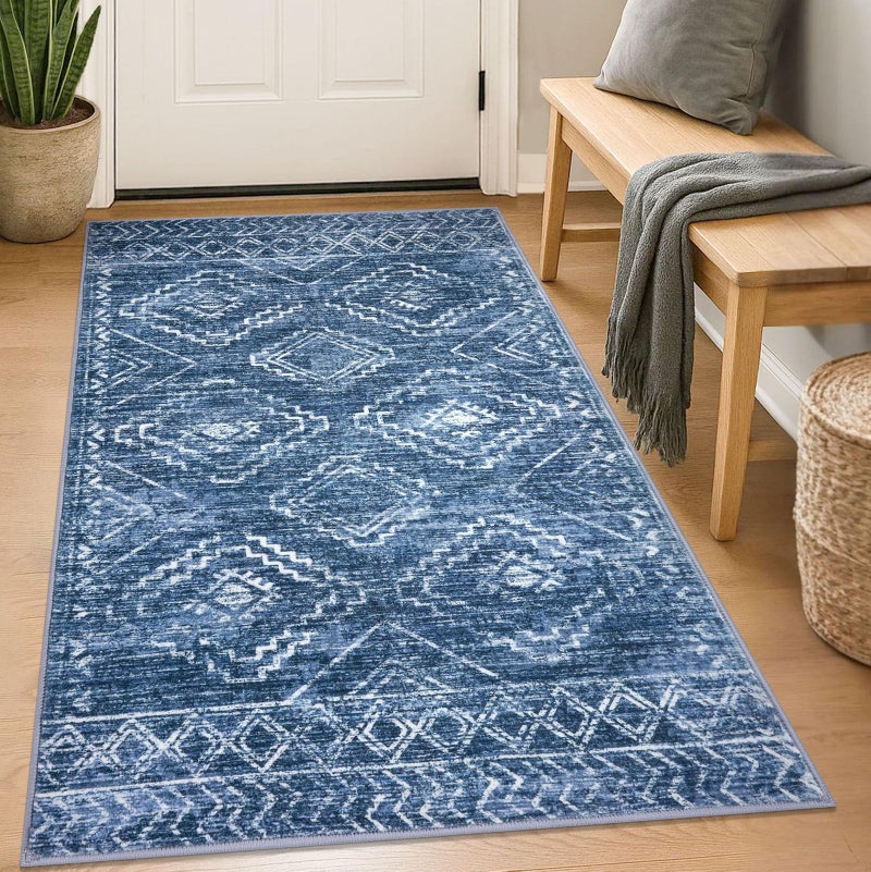 KILOCOCO Boho Entryway Rug 3x5 Area Rug Washable Non Slip Printed Throw Rugs Soft for Kitchen Living Room Dining Bedroom Geometric Moroccan Carpet, Stonewashed Blue - Image 1