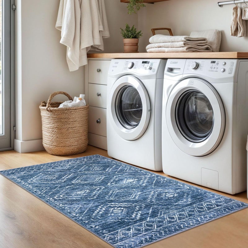 KILOCOCO Boho Entryway Rug 3x5 Area Rug Washable Non Slip Printed Throw Rugs Soft for Kitchen Living Room Dining Bedroom Geometric Moroccan Carpet, Stonewashed Blue - Image 3