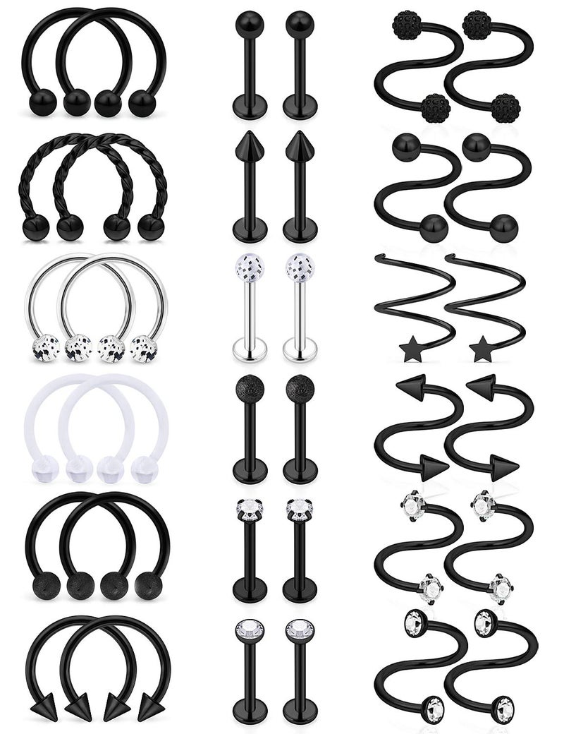 SCERRING Tragus Earrings 16g Stainless Steel Horseshoe Lip Rings Nail Tragus Helix Rook Cartilage Earrings Studs Ring Medusa Piercing Jewelry 8mm 36PCS Black - Image 1