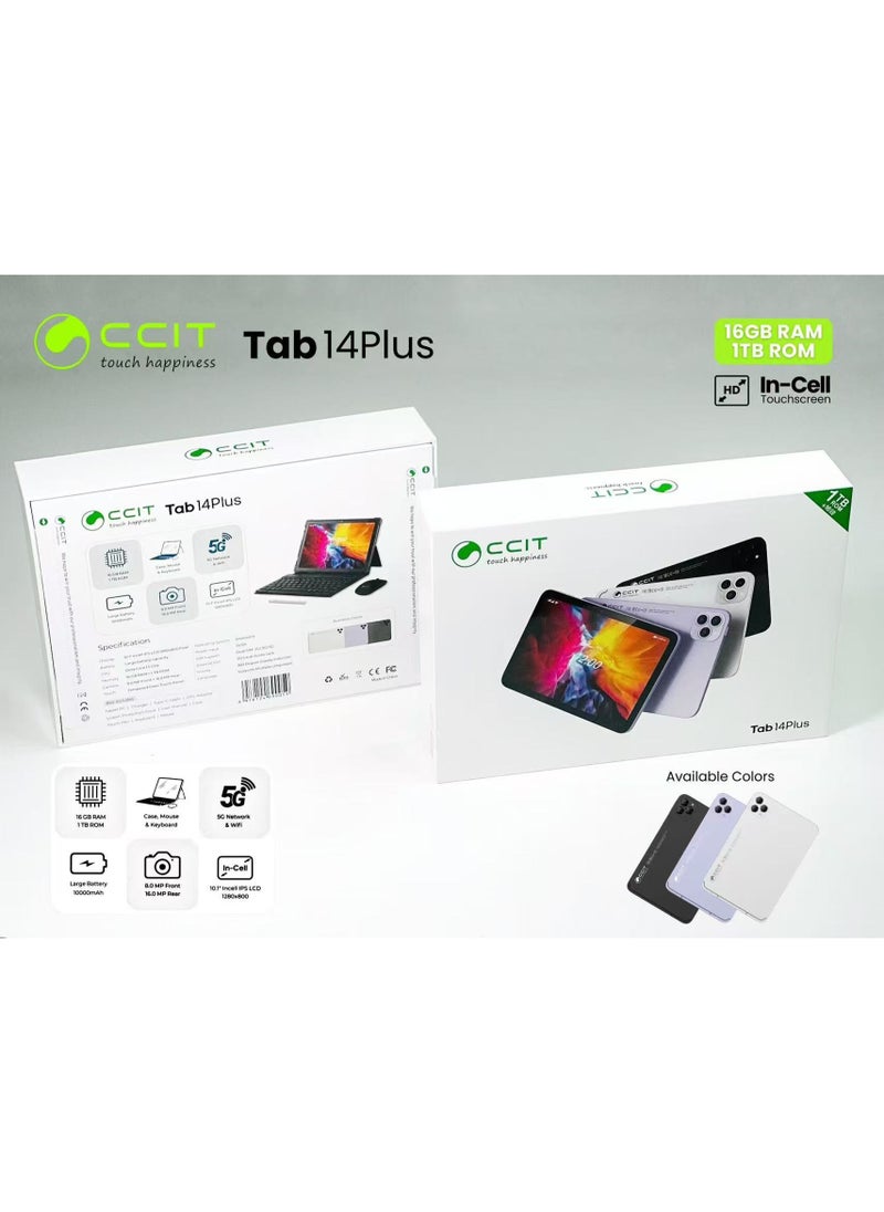 CCIT - CCITT Tab 14 Plus Android 13 Tablet, 10.1" FHD Display, 16-Core Processor, 5G Dual SIM, 8+16MP Camera, 10,000mAh Battery, 1TB TF Expandable, w/ Keyboard, Mouse, Stylus, Case - Image 1