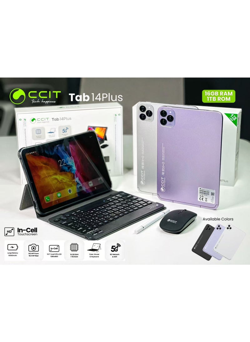 CCIT - CCITT Tab 14 Plus Android 13 Tablet, 10.1" FHD Display, 16-Core Processor, 5G Dual SIM, 8+16MP Camera, 10,000mAh Battery, 1TB TF Expandable, w/ Keyboard, Mouse, Stylus, Case - Image 1