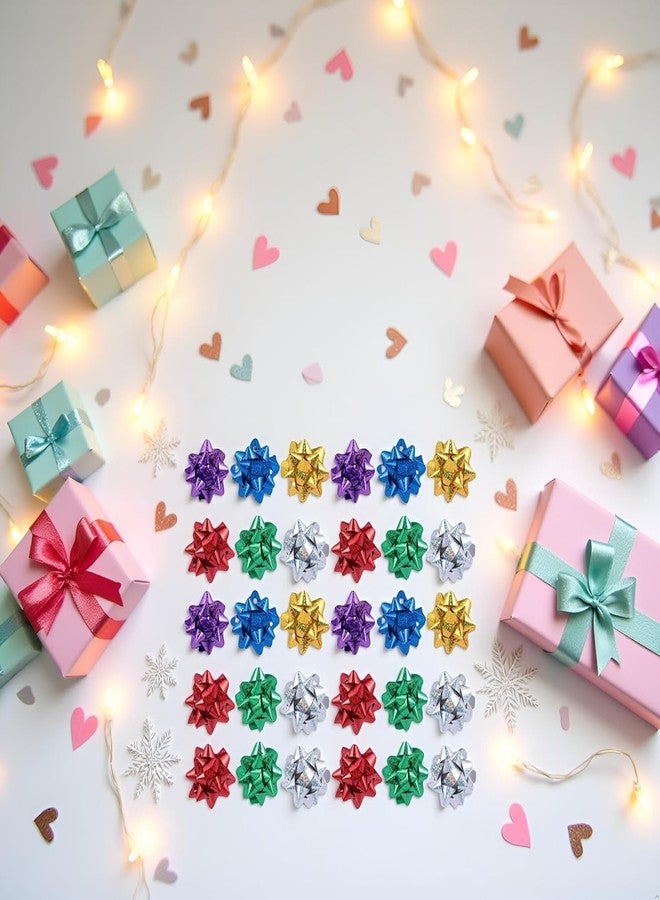 Cauaoa 50 Pcs Colorful 1 Inch Gift Bows Mini Christmas Bows Metallic Star Bows Party Gifts Wrapping Bows Adhesive Holiday Presents Bows for Valentine's Day, Gift Wrapping Supplies - Image 4