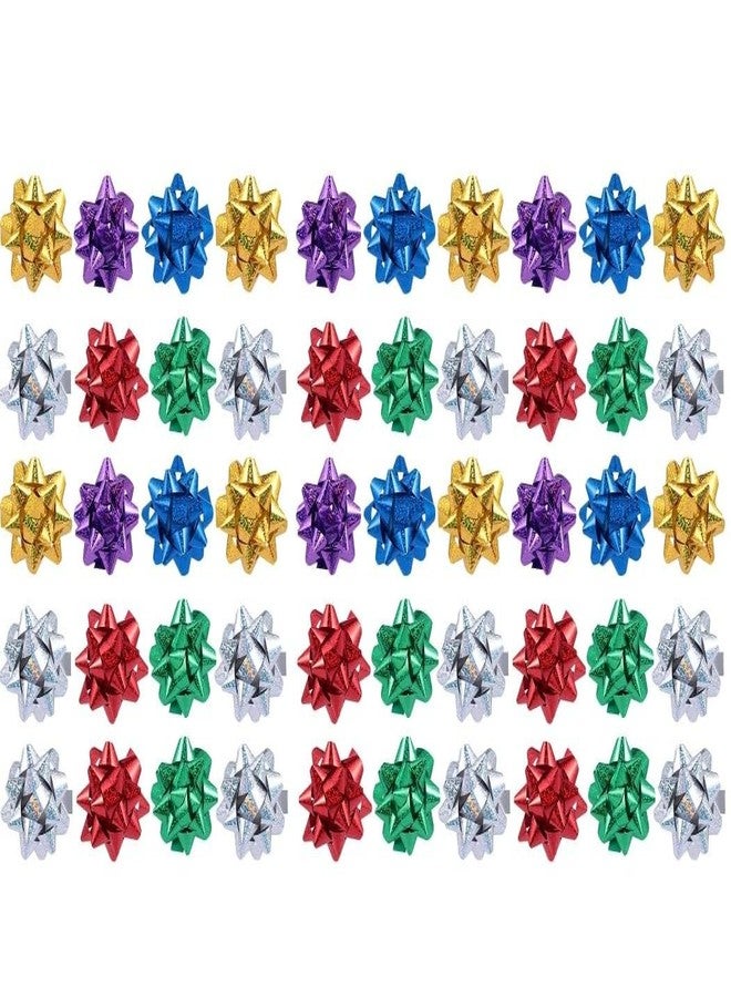Cauaoa 50 Pcs Colorful 1 Inch Gift Bows Mini Christmas Bows Metallic Star Bows Party Gifts Wrapping Bows Adhesive Holiday Presents Bows for Valentine's Day, Gift Wrapping Supplies - Image 1