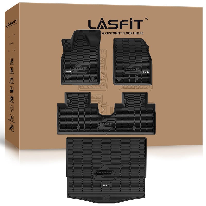 حصائر أرضية وحصيرة صندوقية LASFIT لفورد موستانج ماك إي 2025 2024 2023 2022 2021 أرضية الشحن في أعلى وضع جميع الأحوال الجوية TPE بطانات السيارة الصف الأول والثاني بطانة الشحن 4 قطع سوداء