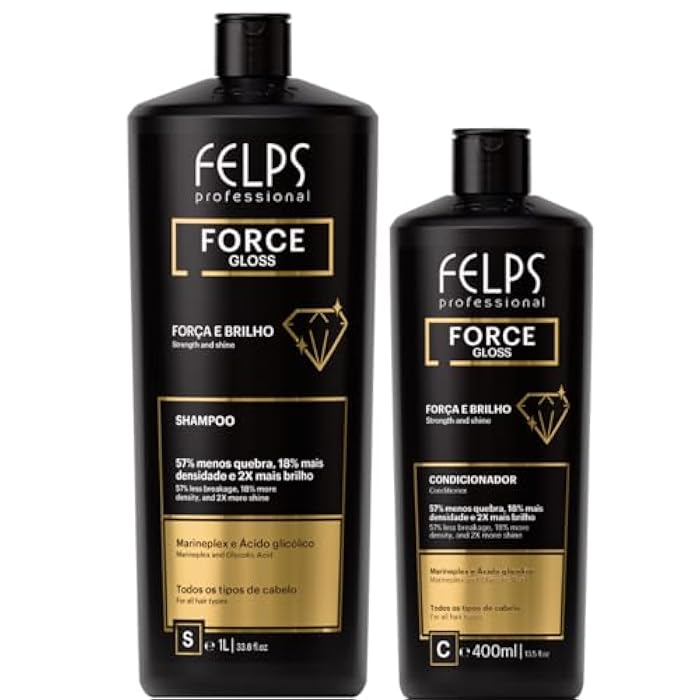 Felps Professional مجموعة شامبو وبلسم كيت فيلبس بروفيشينال فورس جلوس، علاج تقوية مع مارينبلكس وحمض الجليكوليك، 1 لتر 33.8 أونصة سائلة و400 مل 13.5 أونصة سائلة - Image 1