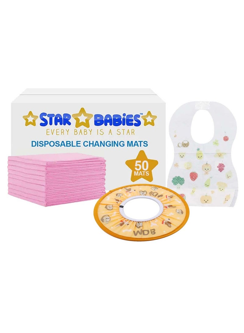 STAR BABiES Buy 2 Get 1 Free Changing Mat Pack Of 50, Bibs Pack Of 50 With Shower Cap Orange Free-Pink - Image 1