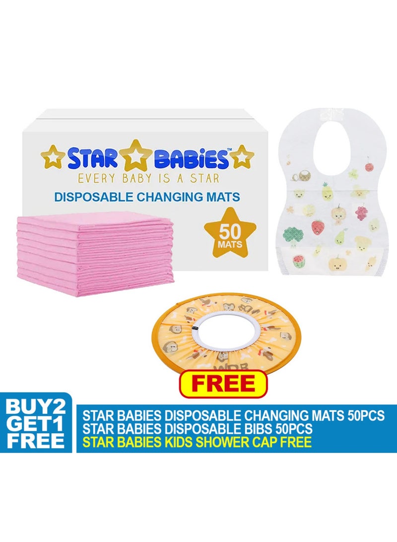 STAR BABiES Buy 2 Get 1 Free Changing Mat Pack Of 50, Bibs Pack Of 50 With Shower Cap Orange Free-Pink - Image 2