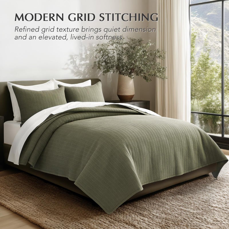 EverGrace 100% Cotton Quilt King Size, Pre-Washed Modern Grid Stitch Lightweight Bedspread Coverlet for All Season, Oversized 3-Piece Bedding Set with 2 Pillow Shams, Olive Green - Image 5