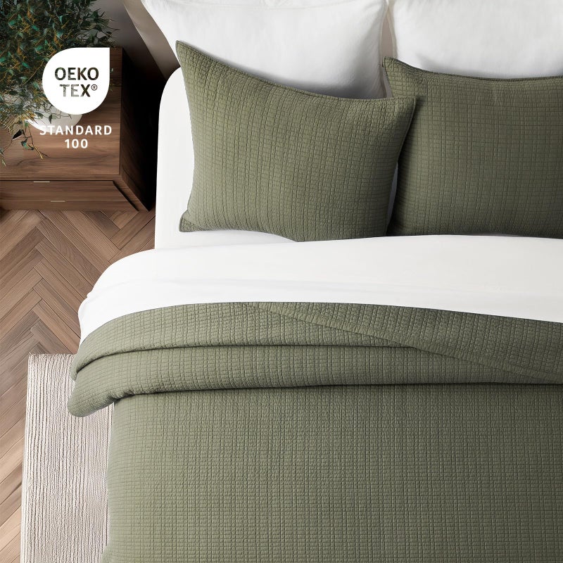 EverGrace 100% Cotton Quilt King Size, Pre-Washed Modern Grid Stitch Lightweight Bedspread Coverlet for All Season, Oversized 3-Piece Bedding Set with 2 Pillow Shams, Olive Green - Image 4