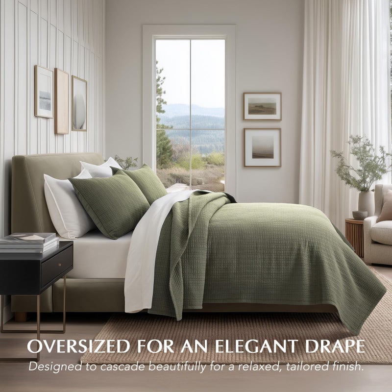 EverGrace 100% Cotton Quilt King Size, Pre-Washed Modern Grid Stitch Lightweight Bedspread Coverlet for All Season, Oversized 3-Piece Bedding Set with 2 Pillow Shams, Olive Green - Image 2