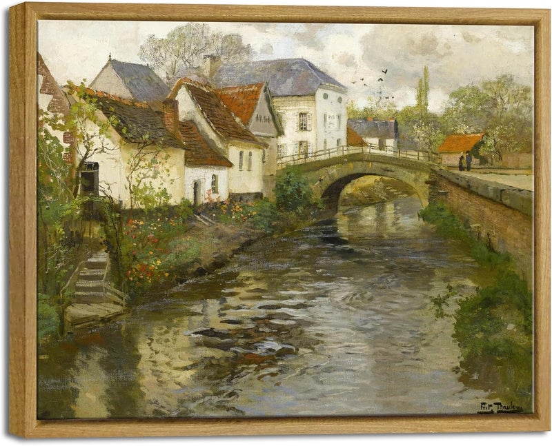 Pyradecor Classical Oil Painting Small town near La Panne Canvas Prints Vintage Canvas Wall Art Retro Framed Farm House Decor for Living Room Office Bathroom Decorations - Image 1