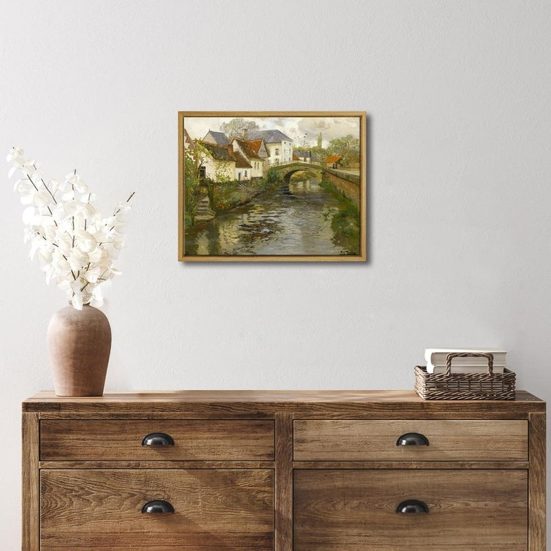Pyradecor Classical Oil Painting Small town near La Panne Canvas Prints Vintage Canvas Wall Art Retro Framed Farm House Decor for Living Room Office Bathroom Decorations - Image 3