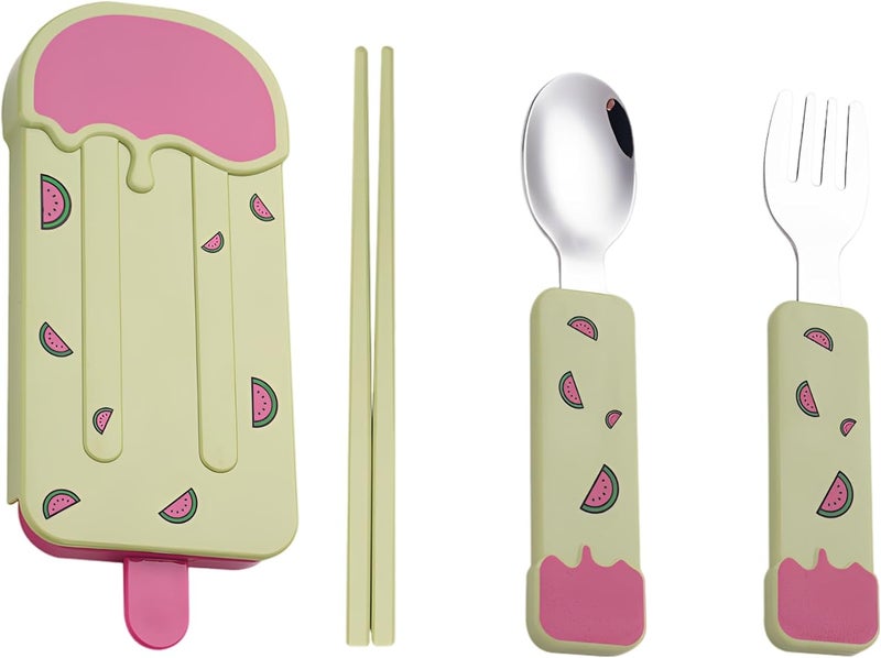 4 Pcs Stainless Steel Cutlery Set For Youngsters, Portable Ice Cream Utensils, Spoon, Fork, Chopsticks With Case, 5.9 In / 15 Cm, Green Lightweight Little Mind'S Silverware - Image 1