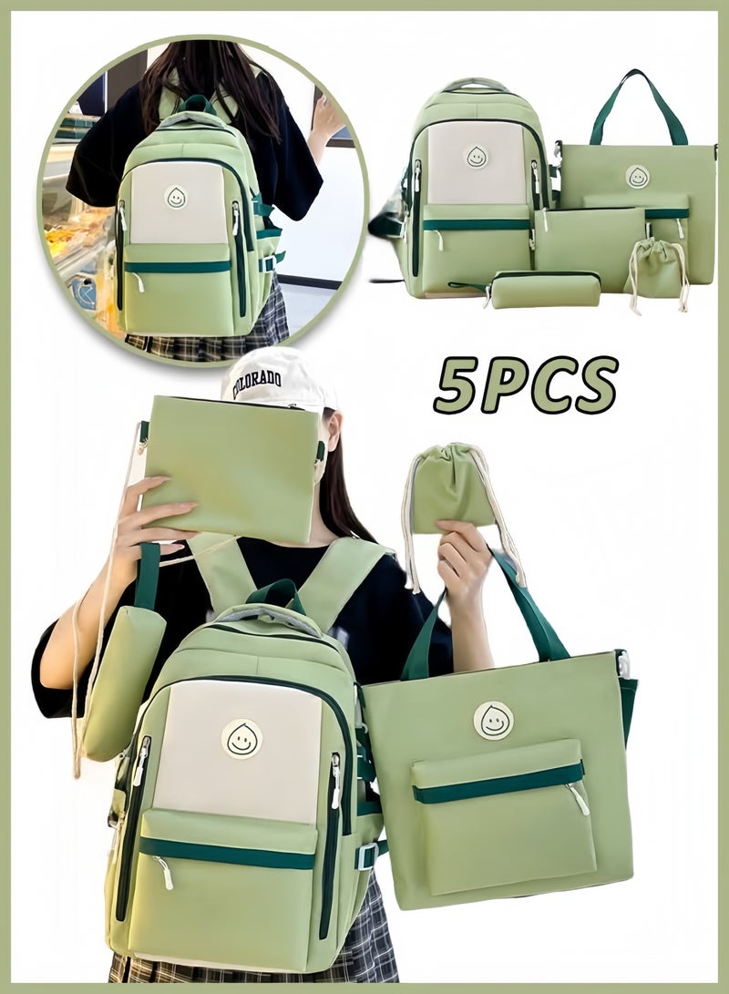 5PCS School Backpack Student Fashion Casual Backpack Cute Canvas Bag School Rucksack Campus Backpack Set Book Bag with Compartments Kids' School Bag With Large Capacity (Green)  - Image 1